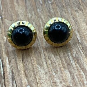 Monet Round Black Lucite Gold Tone Textured Trim Stud Earrings